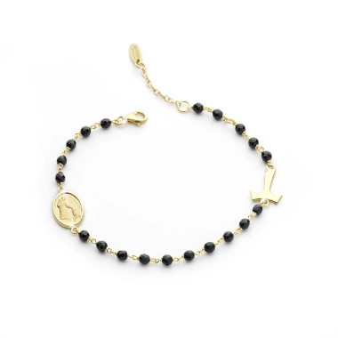 Sterling silver Rosary bracelet with onyx decade Tau cross St. Francis and miracolous Virgin medal