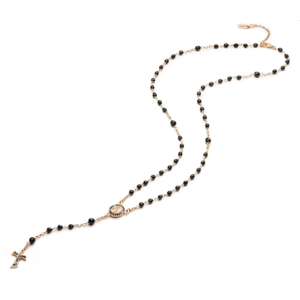 Gold rosary necklace with hanging Tau cross, zirconia, onyx beads and miracolous medal