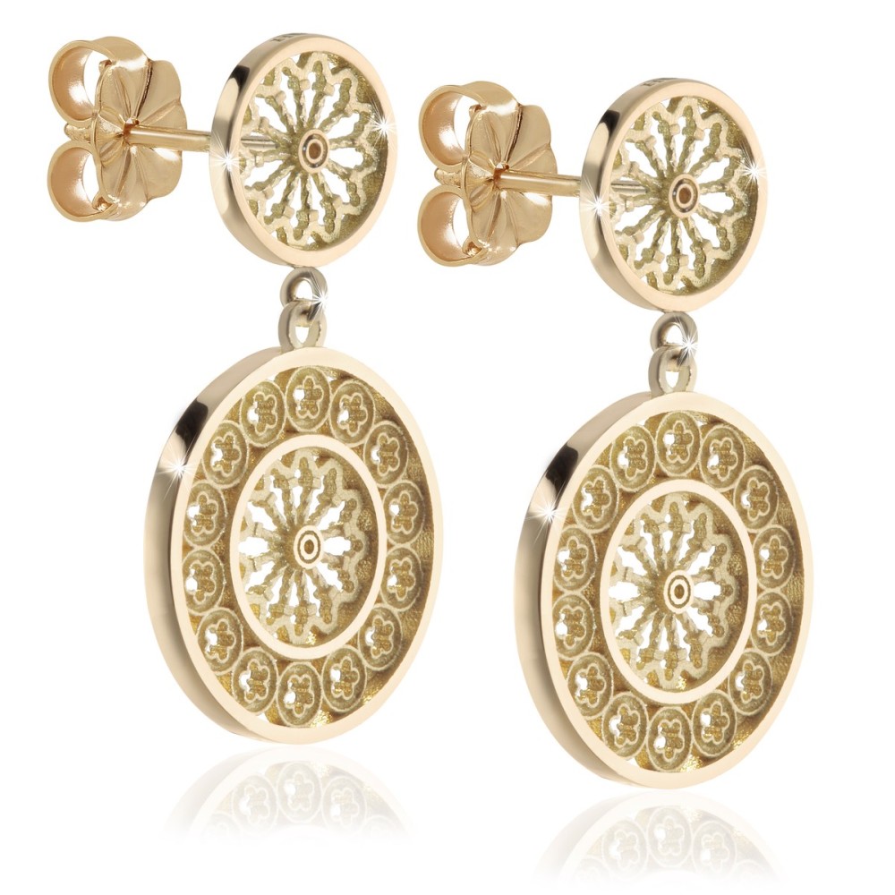 Sterling silver stud earrings with pendant, depitcing the rosewindow of St. Francis Basilica